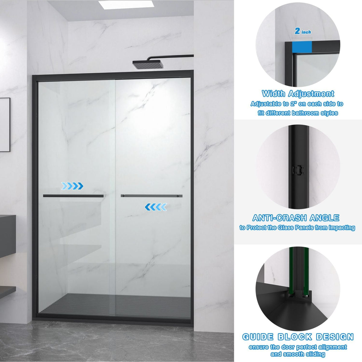 Aluminum Frame Double Sliding Shower Door, Bypass Bathroom Sliding Door with Premium 5/16" (8mm) Clear Tempered Glass, Sliding Glass, Matte Black