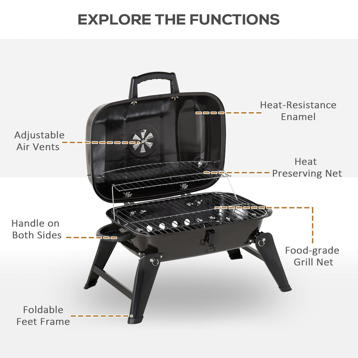 14" Portable Charcoal Grill, Tabletop Outdoor Small Grill with Heat Preservation Net, Venting System, Foldable Legs