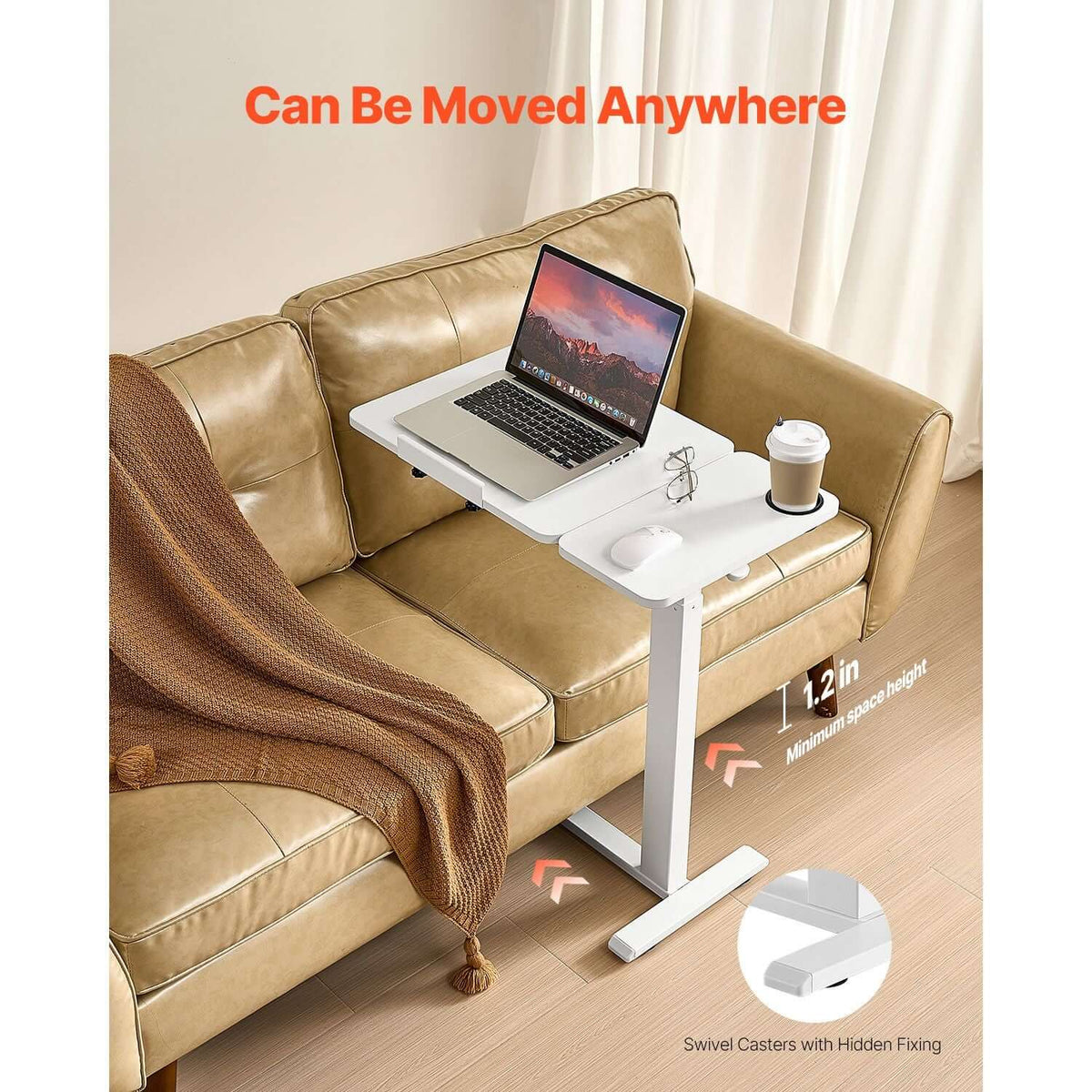 Portable Bedside Table with Adjustable Height & Angle - Rolling Laptop Desk with Flip Top Surface, 4 Hidden Wheels, Cup Holder, White
