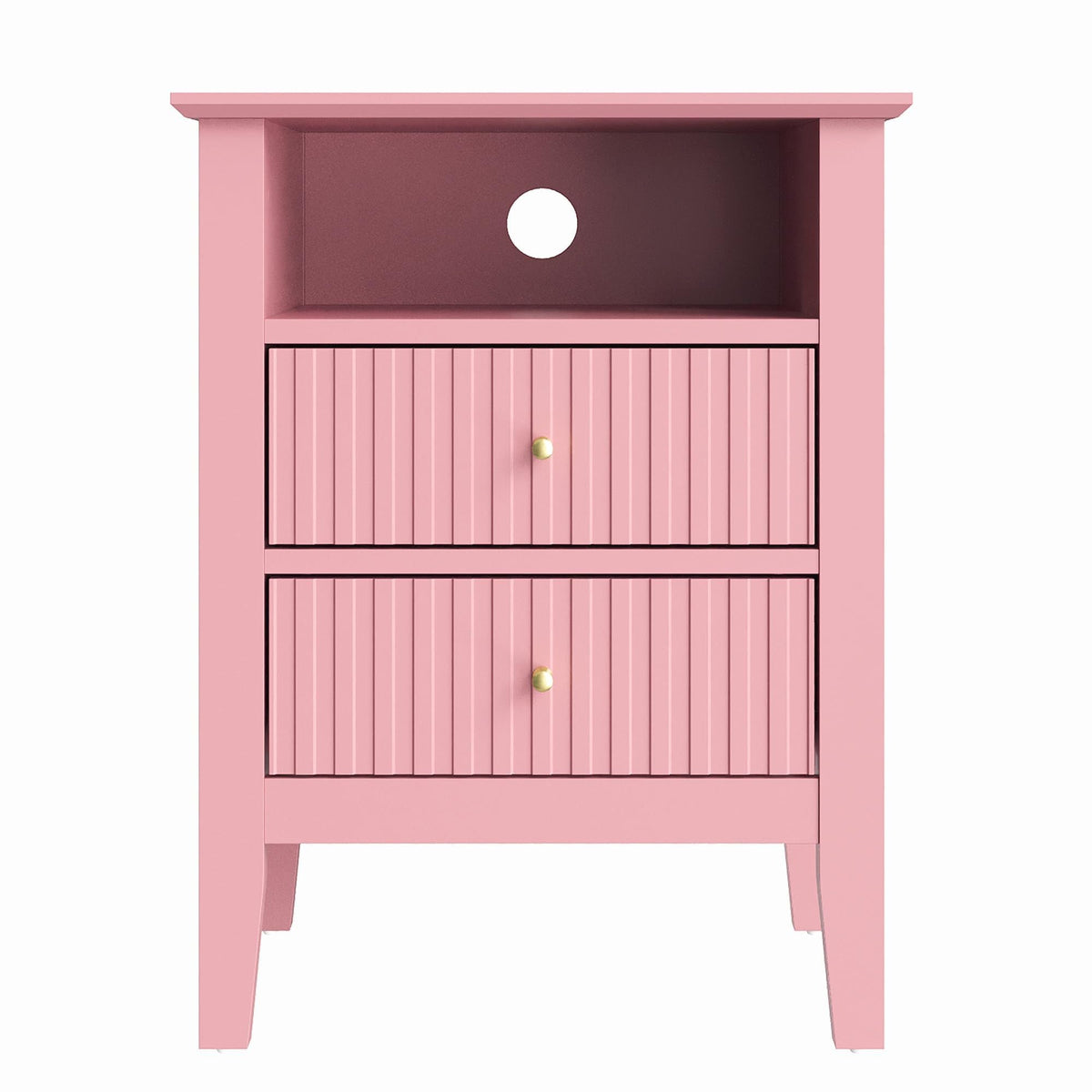 Modern Fluted Night Stand Pair - Chic Pink Wooden End Tables with 2 Drawers and Gold Handles for Bedrooms