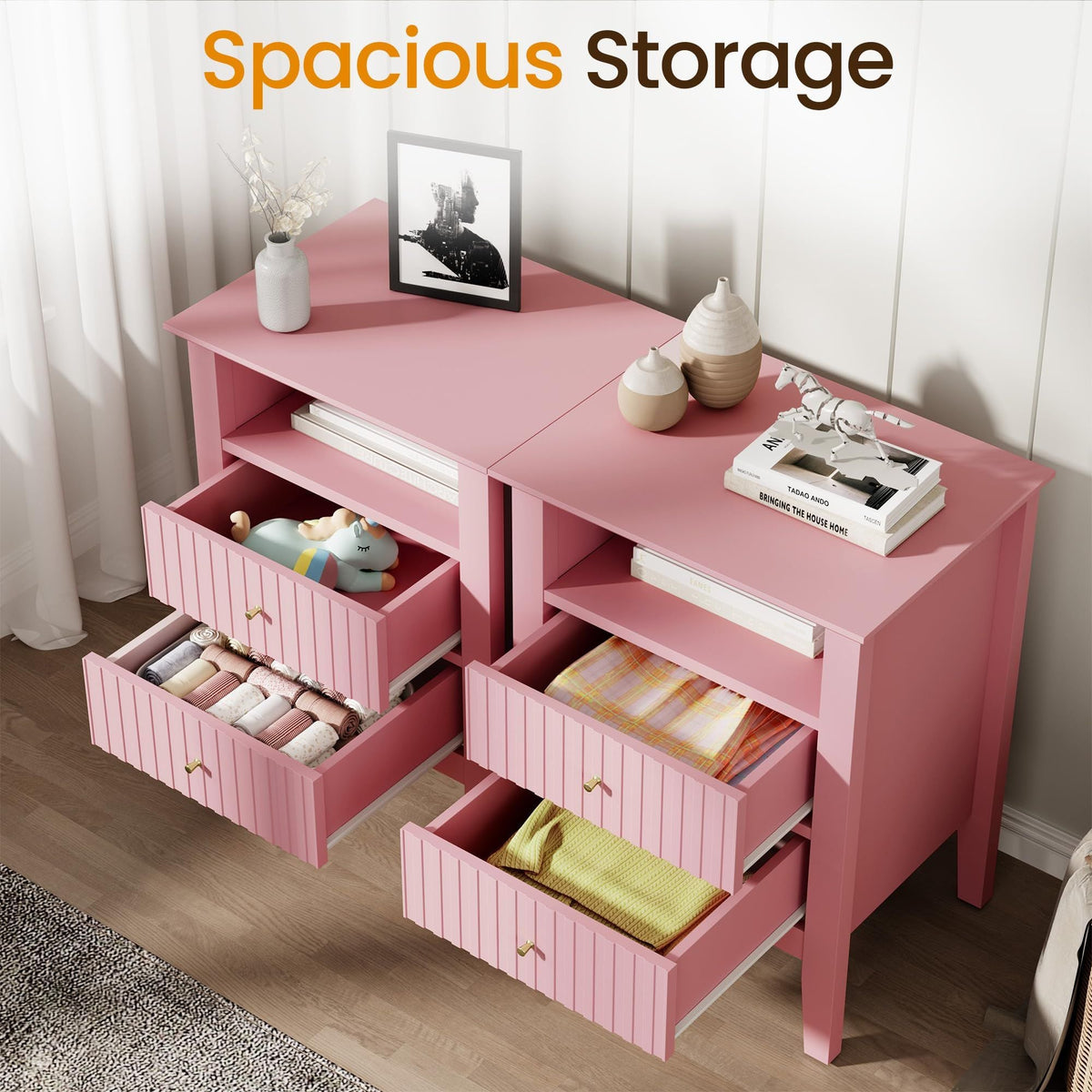 Modern Fluted Night Stand Pair - Chic Pink Wooden End Tables with 2 Drawers and Gold Handles for Bedrooms