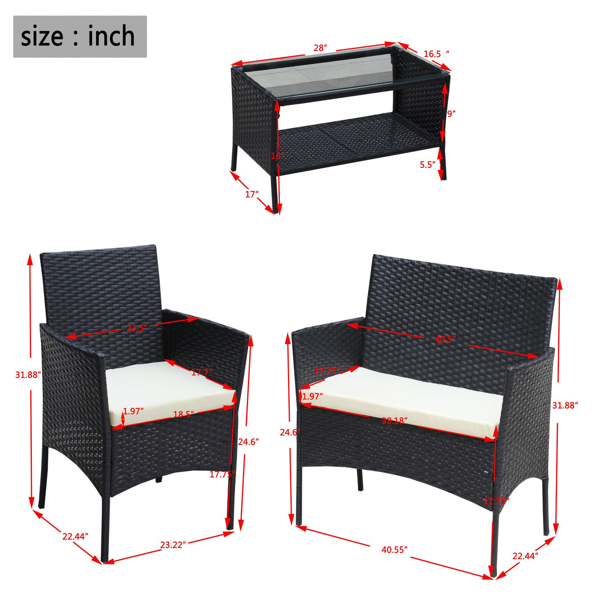 4 PC Rattan Patio Furniture Set with Cushioned Sofa - Black