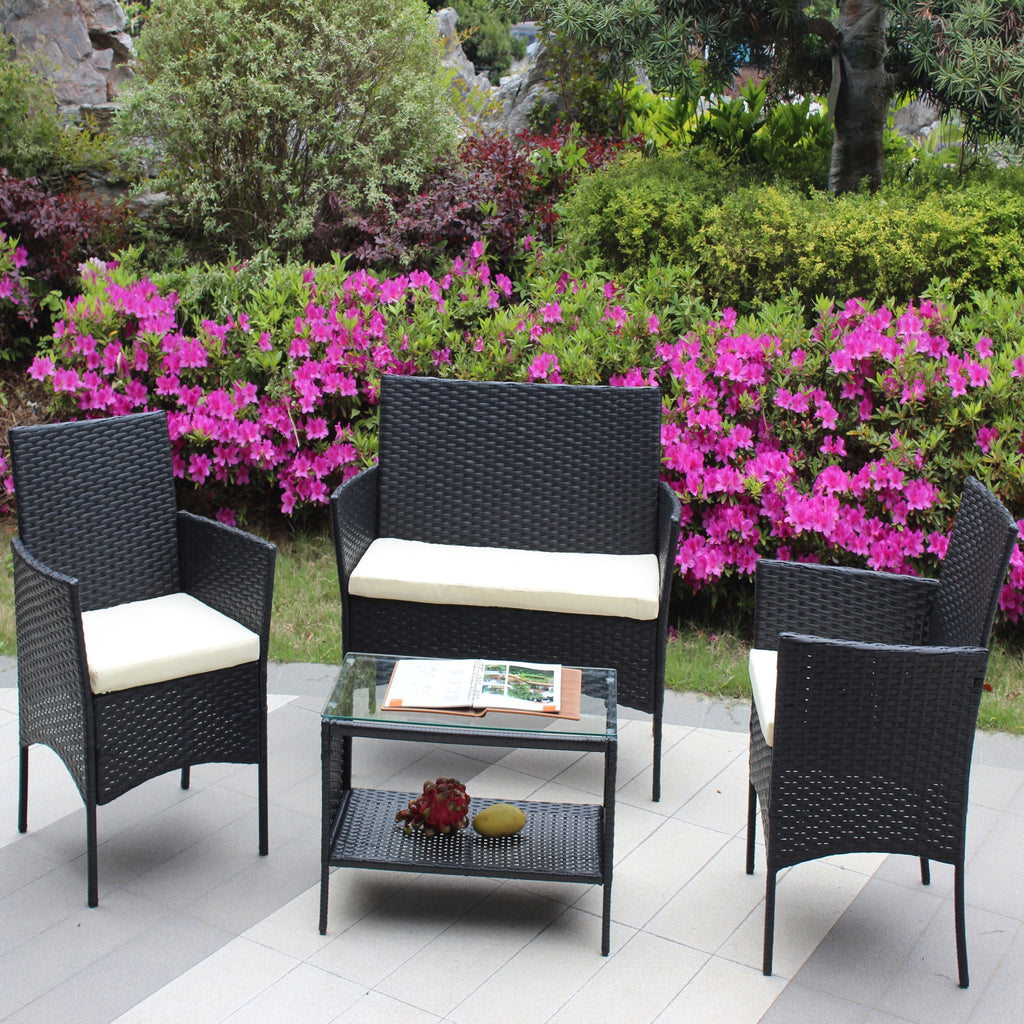 4 PC Rattan Patio Furniture Set with Cushioned Sofa - Black