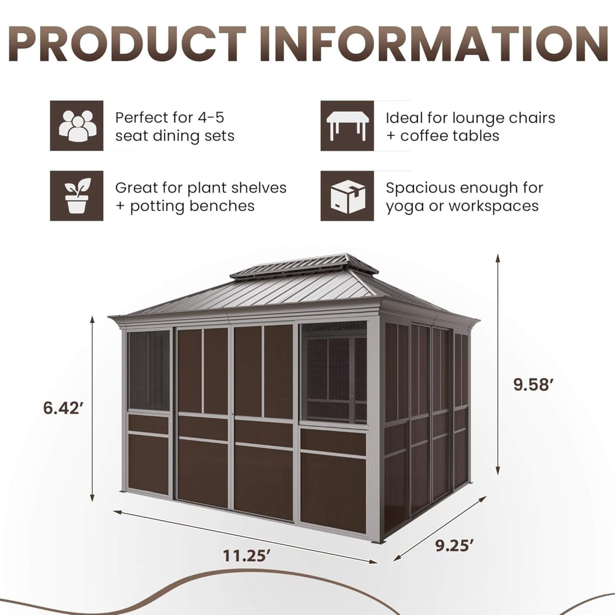 Terrace Fully-Enclosed Outdoor Black Sunroom With Lockable Sliding Doors And Galvanized Double Steel Roof (SAK81634)