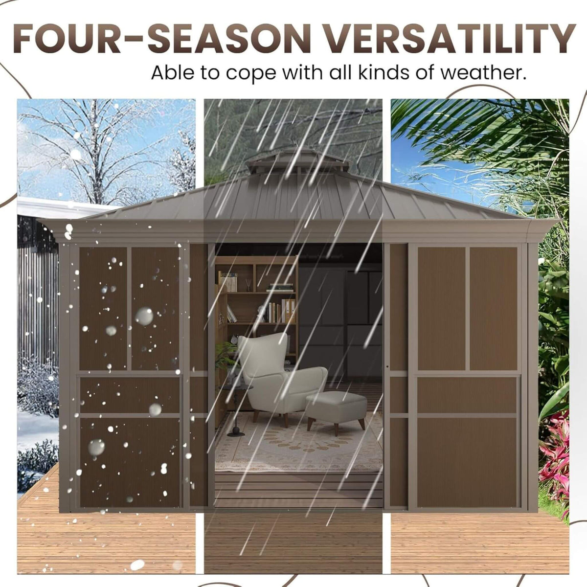Terrace Fully-Enclosed Outdoor Black Sunroom With Lockable Sliding Doors And Galvanized Double Steel Roof (SAK81634)
