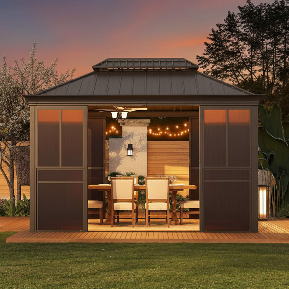 Terrace Fully-Enclosed Outdoor Black Sunroom With Lockable Sliding Doors And Galvanized Double Steel Roof (SAK81634)