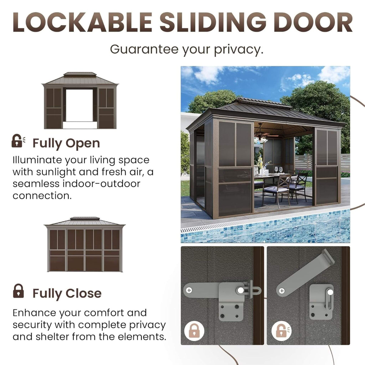 Terrace Fully-Enclosed Outdoor Black Sunroom With Lockable Sliding Doors And Galvanized Double Steel Roof (SAK81634)